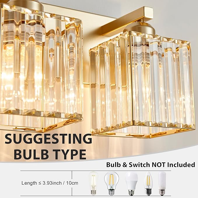 Bathroom Vanity Light Fixtures Over Mirror - Makeup Lighting Pure Gold - for Modern Wall, Bath, Desk, Farmhouse, Hallway 3 Crystal Lights
