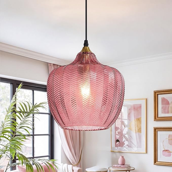 Modern Gold Pendant Light, Purple Glass Farmhouse Kitchen Island Pendant Light Fixture Adjustable Vintage Hanging Ceiling Light for Dining Room Corridor 9.45 inch 1 Pack, UL Certification