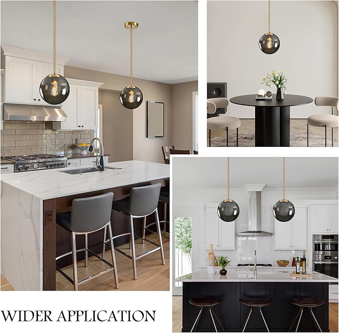 Bagood 8 Inch Globe Pendant Light Gold Globe Pendant Lights Kitchen Island Mid Century Light Fixture with Gray Clear Glass Contemporary Adjustable Hanging Lights for Dining Room (Bulb Included)