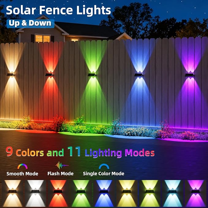 NIORSUN Solar Fence Lights Outdoor, 12 Pack Up and Down Waterproof Solar Wall Lights, Warm & Cool White + RGB, Fence Lights with Lens, Dusk to Dawn Lighting for Patio, Backyard, Pool, Railing (Black)