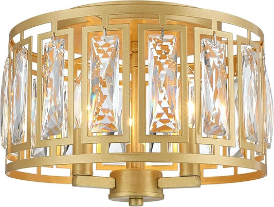 Crystal Flush Mount Ceiling Light, Gold Hallway Lights Ceiling Mounted Small Flush Chandelier for Bedroom Foyer