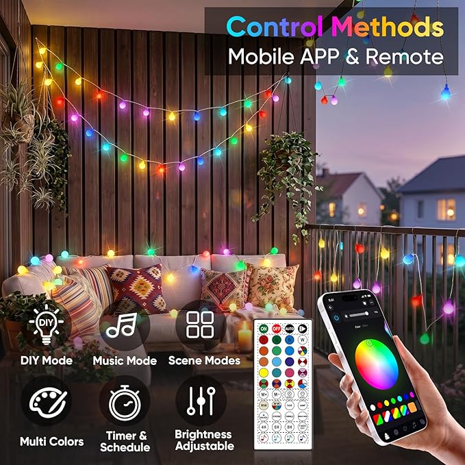 OMIKA 33FT 60 LED Color Changing Globe String Lights, Warm White & Multicolor USB Powered Smart Fairy Lights, APP & Remote Control, Music Sync, 100+ Dynamic Mode for Dorm, Classroom, Room Decor
