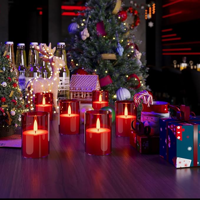 VIODAIM 12Pack Flickering Flameless LED Candles with Timer, Battery Powered - Small Pillar & Votive, Red (2"X3")
