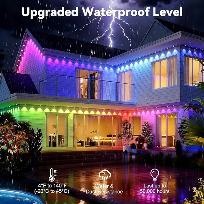 BEFAMALI 104FT Permanent Outdoor Lights, RGB Smart Outdoor Lights for House, IP67 Waterproof Outside Light, APP & Remote & Voice Control, 76 Scene Modes Music Sync for Backyard & Party Decor