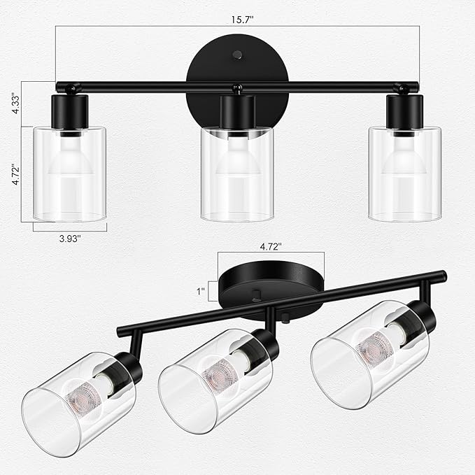 3 Light Led Track Lighting Kit, Glass Lightshade, Modern 3 Way Ceiling Spot for Kitchen, Dining Room, Bedroom, Hallway, Flexibly Rotatable Head, Black, GU10 Bulb Not Included