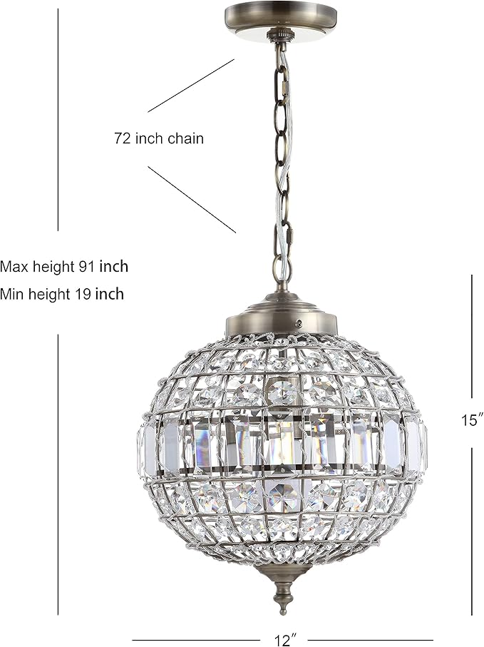 JONATHAN Y 12" Antique Brass Modern Crystal LED Pendant Light for Kitchen, Clear Crystal Shade, Glam Globe Chandelier Hanging Ceiling Lamp for Dining Room Entryway JYL6110A