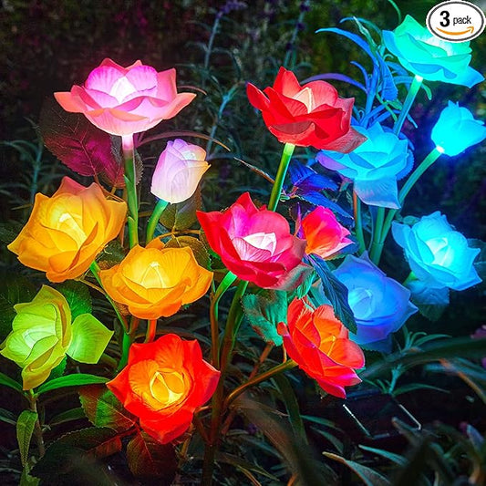 RECHOO Solar Garden Lights Outdoor, 3 Pack Solar Flower Lights with 15 Rose Flowers, Multi-Color Changing LED Waterproof Solar Lights, Garden Decor for Landscape Pathway, Gifts for Women