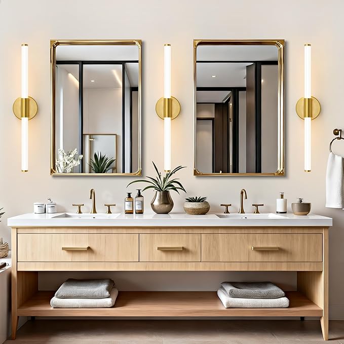 LED Bathroom Light Fixtures, Gold Vanity Lights for Bathroom, 360° Full Lighting Dimmable LED 24 inch Vanity Light Bar Over Mirror, Hardwired Modern Wall Sconce Warm White for Bedroom Living Room