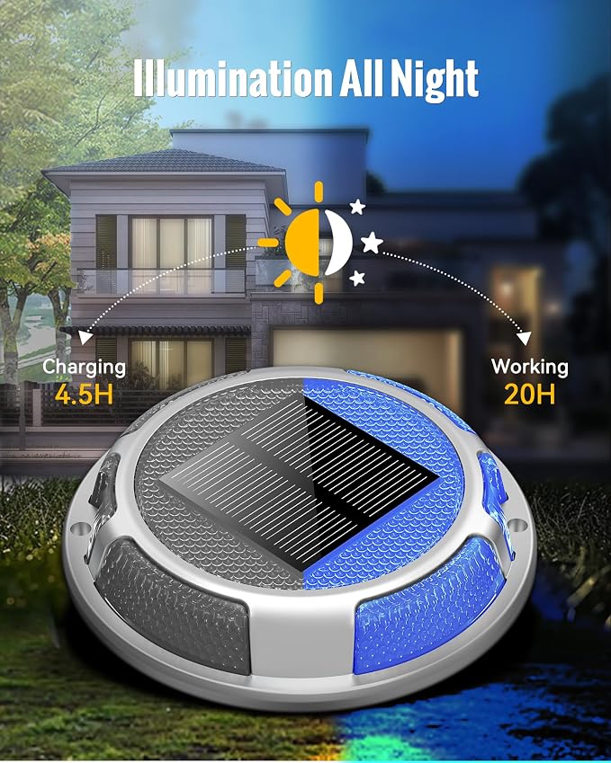 Solar Driveway Lights Dock Lights Waterproof 4 Pack, 2 Colors in 1, LED Solar Deck Lights for Outside, Solar Powered Ground Lights for Warning Driveway Stair Step Pathway(Blue & White)