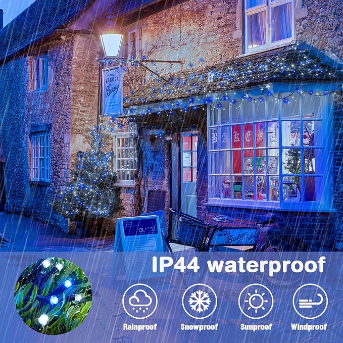 JMEXSUSS 66ft 200 LED Blue and White Outdoor Christmas String Lights, Expandable for Tree, Party, Home Decorations