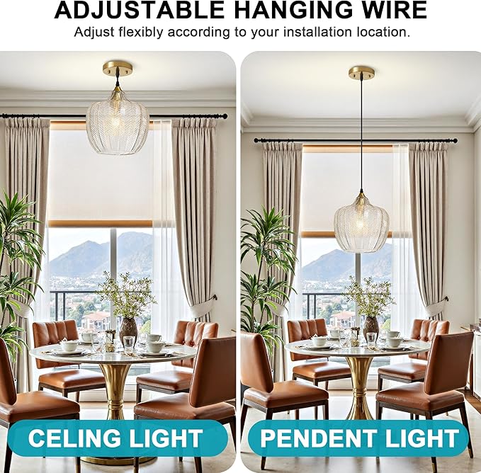 Modern Gold Pendant Light, Clear Glass Farmhouse Kitchen Island Pendant Light Fixture Adjustable Vintage Hanging Ceiling Light for Dining Room Corridor 9.45 inch 1 Pack, UL Certification