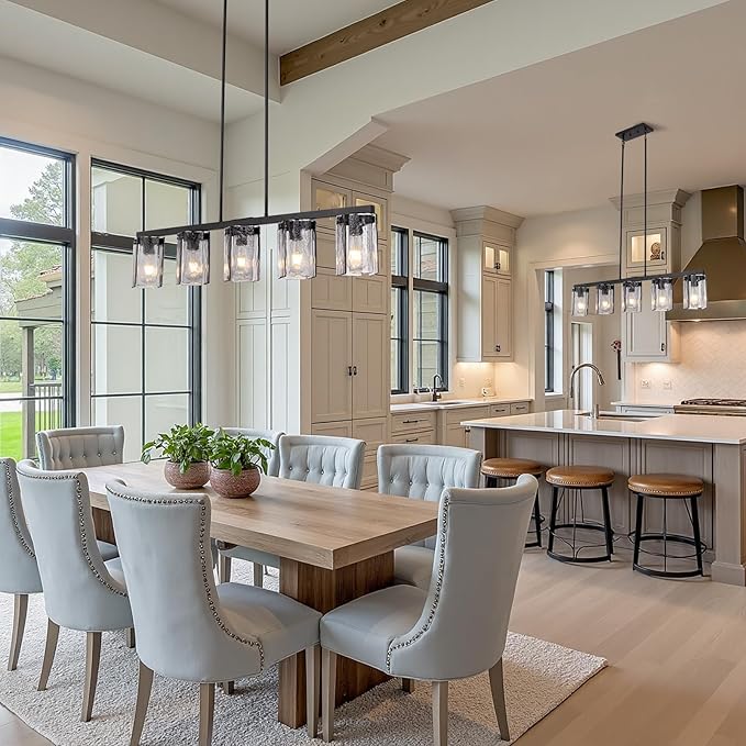 L41.3 ''Farmhouse Linear Chandelier for Dining Room,5 Lights Kitchen Island Light Fixtures,Matte Black Chandeliers with Smoked Glass Shade,and Height Adjustable
