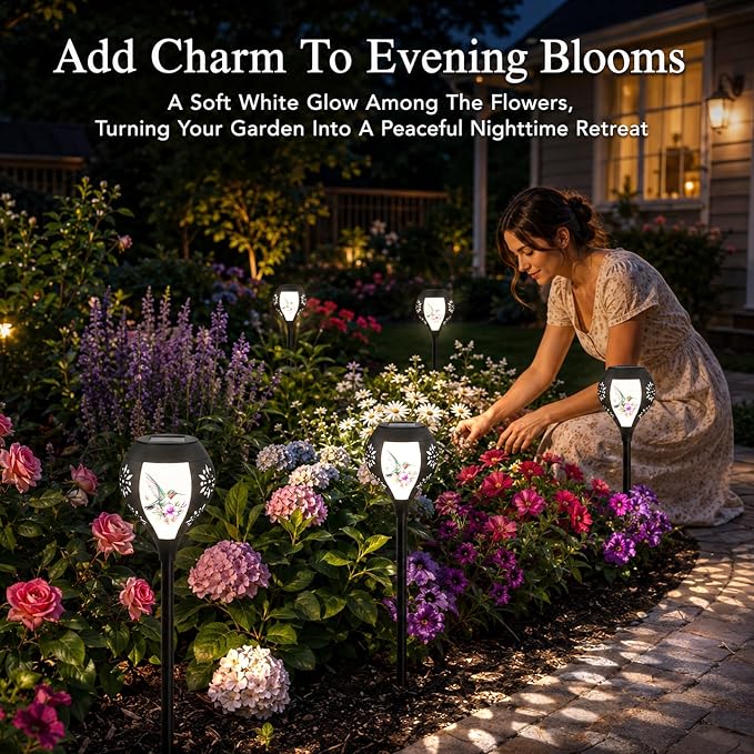 Solar Lights Outdoor Waterproof, Solar Pathway Lights Decorative with Dual Power-Solar/Battery, Solar Garden Lights Hummingbird Pattern Stakes Lighting for Outside Decor, Yard, Patio, Landscape, Lawn