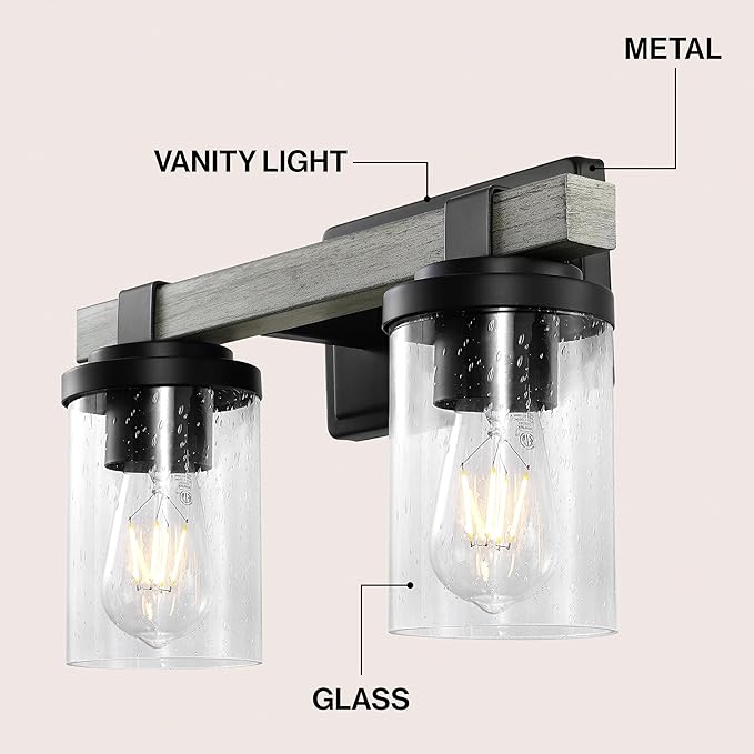 JONATHAN Y 15" Black/Gray Oak Wood Finish LED Vanity Light, Rustic Farmhouse Sconce, Clear Seeded Glass Shade, Industrial Wall Lamp for Bathroom Mirror, Kitchen Sink, LED Bulb (JYL7508B)