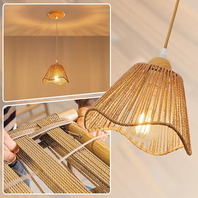 Wave Rattan Chandelier Pendant Lights Kitchen Island,Farmhouse Boho Chandeliers Adjustable Height Hanging lamp for Dining Room,Kitchen Ceiling Light Fixtures with Hand Woven Wicker Lampshade
