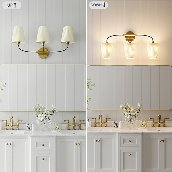 Bathroom Light Fixtures Over Mirror, 3 Light Vanity Light for Bathroom, Black Gold Vanity Light Fixtures with Flared Ivory White Fabric Shade, E26 Socket Modern Sconce Wall Decor(ETL Listed)