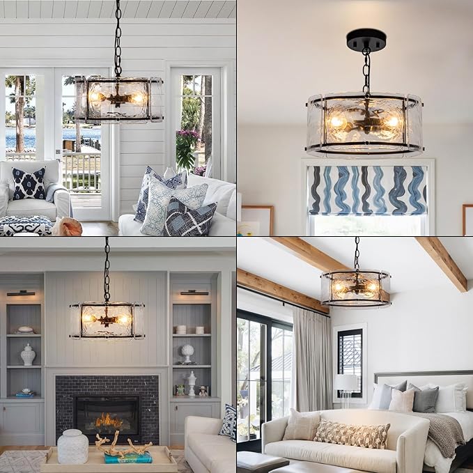 11.8" Black Hanging Pendant Light Fixtures,3 Light Small Drum Glass Dining Room Light Fixtures Over Table with Chain,Chandelier for Foyer,Kitchen Island,Dining Room,Bedroom,Breakfast Nook