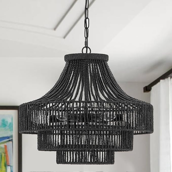 20" Black Wood Beaded Rattan Chandelier Boho Hand Woven Pendant Light for Dining Living Room Kitchen Bedroom, UL Listed