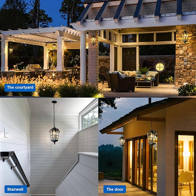 Black Outdoor Pendant Lights for Porch Hallway Patio, Aluminium Exterior Hanging Light Fixture, Outside Waterproof Vintage Hanging Lantern Light, Height Adjustable Outdoor Pendant Lamp