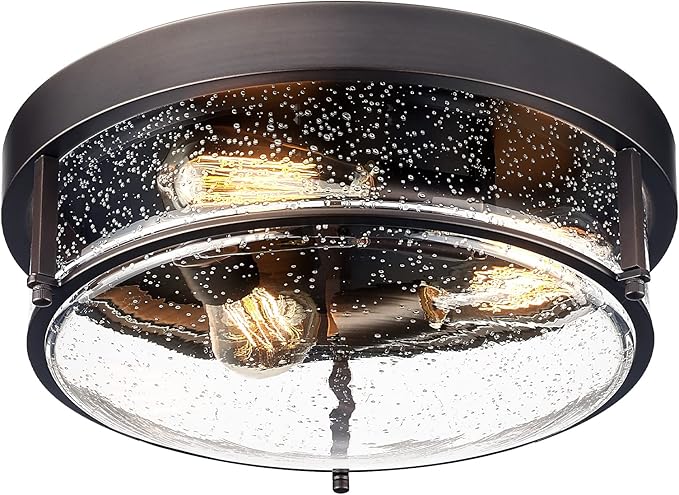zeyu 3-Light Flush Mount Ceiling Light, 15 Inch Farmhouse Ceiling Lamp for Kitchen Living Room Porch, Oil Rubbed Bronze Finish with Seeded Glass, ZG59F ORB