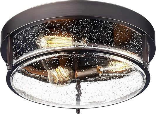 zeyu 3-Light Flush Mount Ceiling Light, 15 Inch Farmhouse Ceiling Lamp for Kitchen Living Room Porch, Oil Rubbed Bronze Finish with Seeded Glass, ZG59F ORB