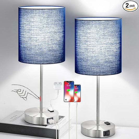 Set of 2 Touch Control Table Lamps with 2 USB & AC Outlet, 3-Way Dimmable Bedside Nightstand Lamps for Bedroom Living Room Nursery, 800 Lumens 5000K Daylight Bulbs Included
