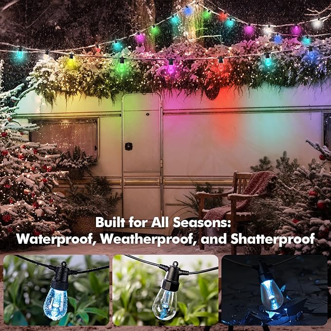 Outdoor String Lights Waterproof Patio Lights 104FT (2x52FT) 40 RGBW Dimmable LED Bulbs, APP & Remote Control, Shatterproof Hanging Color Changing Lights for Outside Backyard Party Porch Balcony