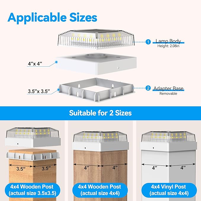 Solar Post Cap Lights, 2-Pack Fence Post Solar Lights for 4x4 Wood/Vinyl Posts, IP65 Waterproof, 10-12 Hours of Illumination with 3 Lighting Modes for Garden/Patio/Porch - White
