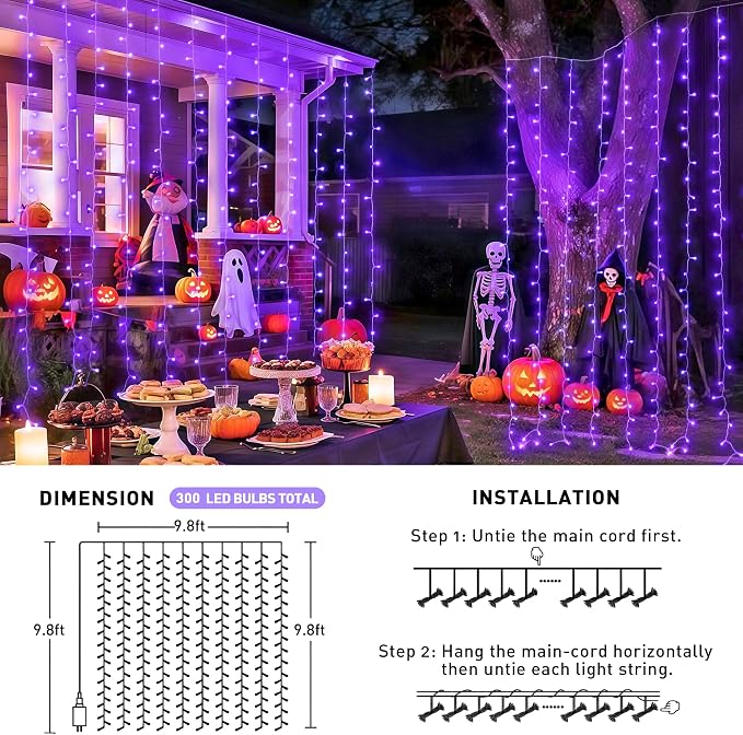 JMEXSUSS 300LED Purple Halloween Lights with Remote, 9.8x9.8ft Curtain Lights Plug in, 8 Modes Hanging String Lights for Indoor, Outdoor, Bedroom, Window, Party, Backdrop, Xmas, Halloween Decorations