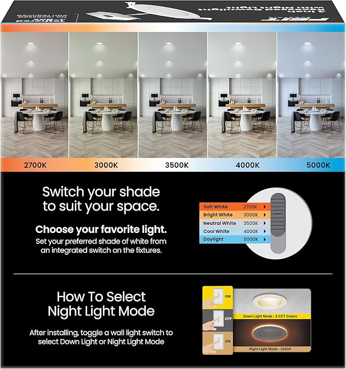 Feit Electric 4" LED Canless Recessed Downlight with Night Light Mode and Integrated J-Box, 75W EQ, Dimmable, 5CCT Selectable White, 90 CRI, 850 Lumens, 45-Year Lifetime, LEDR4XT/HO/NL5CCTCA4, 4 Pack