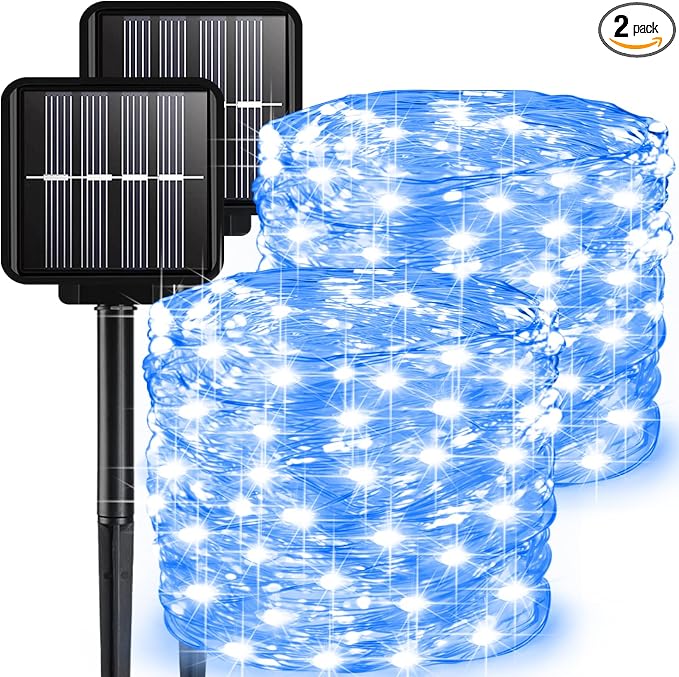 2 Pack Solar Fairy Lights Outdoor, 33 Feet 100 LEDs 8 Modes String Lights for Outside, Waterproof Solar Outdoor Light for Patio Yard Christmas Tree Halloween Wedding Party Decorations, Blue