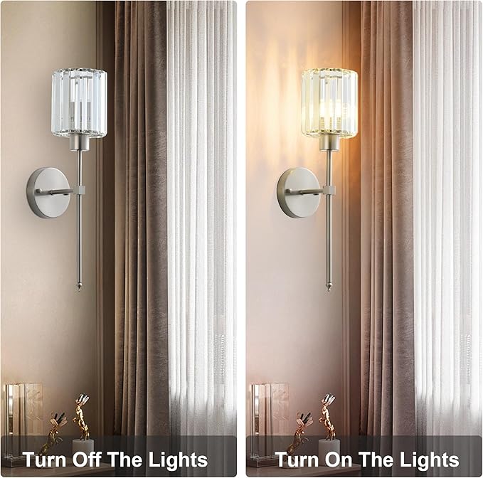 KARTOOSH Hardwired Crystal Wall Sconces Set of Two - Dimmable Wall Light Fixtures 3000K, Warm White, for Hallway, Bathroom, Living Room, Bedroom, Nickel, 20.1 Inch