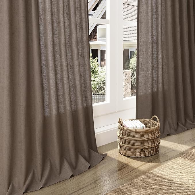 Light Brown Linen Curtains 84 Inches Long for Bedroom Back Tab Light Filtering Privacy Semi Sheer Curtains Modern Farmhouse Decor Light Brown Cotton Textured Curtain for Living Room 2 Panels 52x84