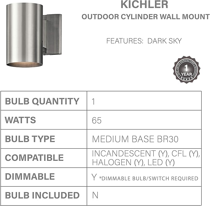 Kichler 9234BA Outdoor Cylinder Wall Mount Sconce DownLight, Brushed Aluminum 1-Light (5" W x 7" H) 65 Watts