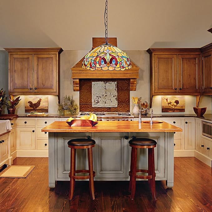 Capulina Tiffany Lamp Stained Glass Pendant Light 2-Light 16" Wide Cream Brown Tiffany Style Hanging Lamp for Kitchen Island Dining Room Hallway Foyer(Adjustable Height)