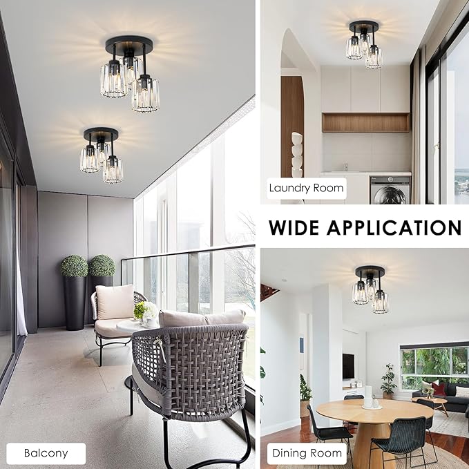 3-Light Modern Semi Flush Mount Ceiling Light, Crystal Ceiling Light with Clear K9 Crystal Shades, Black Close to Ceiling Light Fixtures for Hallway Kitchen Bathroom Entryway