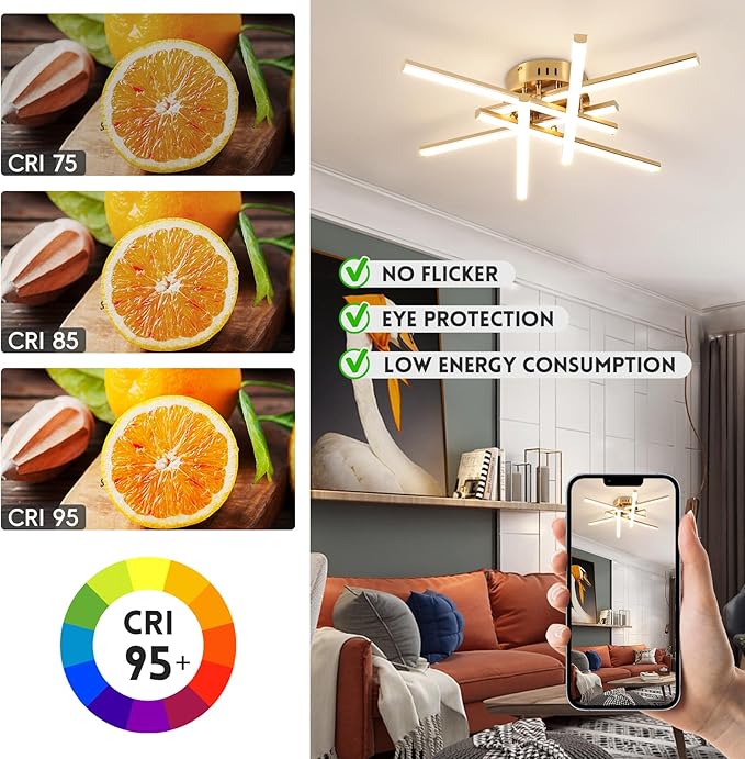 CANEOE Modern Led Ceiling Light,6-Lights Gold Sputnik Semi Flush Mount Ceiling Light, Modern Chandelier Ceiling Lighting Fixtures for Bedroom Living Room Dining Room Kitchen Office Ceiling Lamp