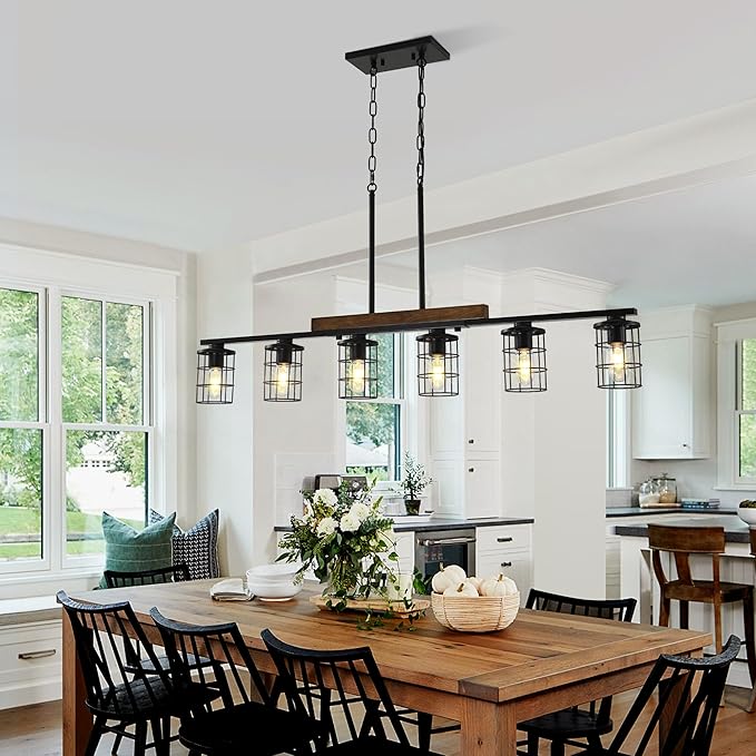 47.2" Farmhouse Kitchen Light Fixture, Black Hanging Kitchen Chandelier, 6-Light Rustic Dining Room Light Adjustable Height with Wood and Metal Frame, Suit for Farmhouse, Industrial Style