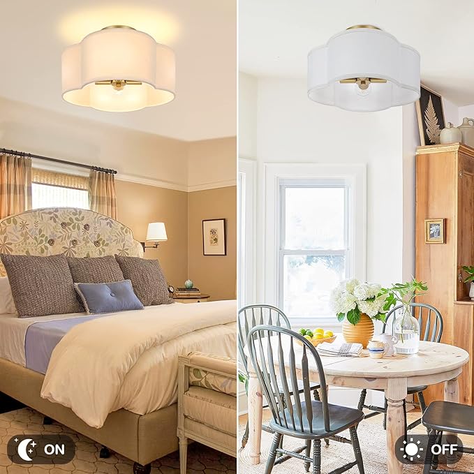 4-Light 14.4'' Semi Flush Mount Ceiling Light Fixture, Gold Modern Close to Ceiling Lamp with White Fabric Shade, Farmhouse Bright Lighting Brass Finish for Nursery Kids Room Bedroom Hallway Entryway