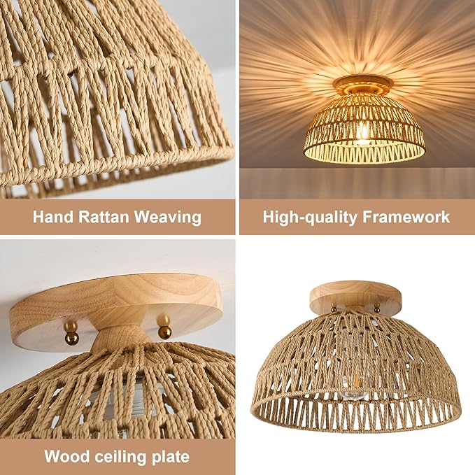 13 Inch Rattan Flush Mount Ceiling Lights Farmhouse Boho Ceiling Light Fixtures Rustic Wicker Hand Woven Rope Cage for Dining Room Kitchen Bedroom Foyer Hallway Entryway