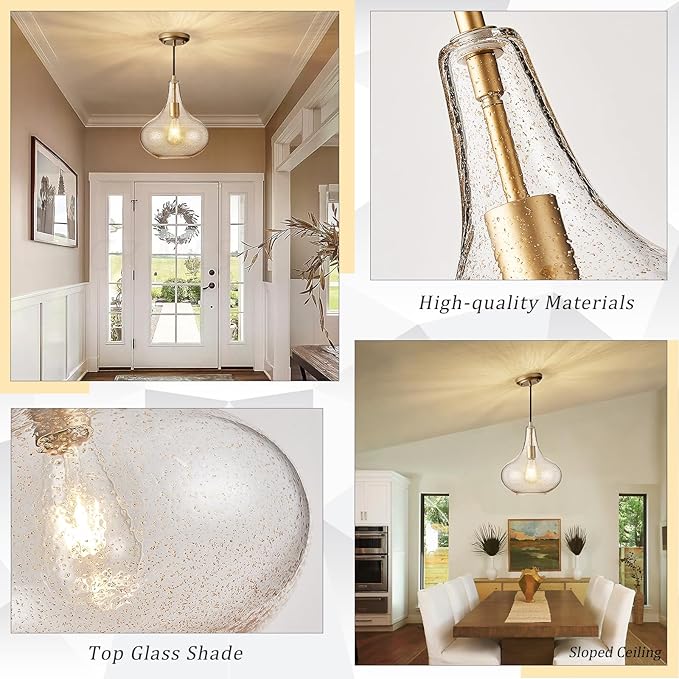 CATINER Handcrafted 11-Inch Mid-Century Modern Brass Gold Pendant Light with Seeded Glass Shade - Elegant Dining Room Pendant Light