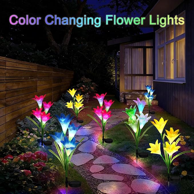 4 Pack Color Changing Solar Lights Outdoor Lily Flower Stake Lights | Auto ON/Off,Outdoor Waterproof,Solar Garden Lights for Lawn Pathway Landscape Garden Gifts for Mom Women Grandma