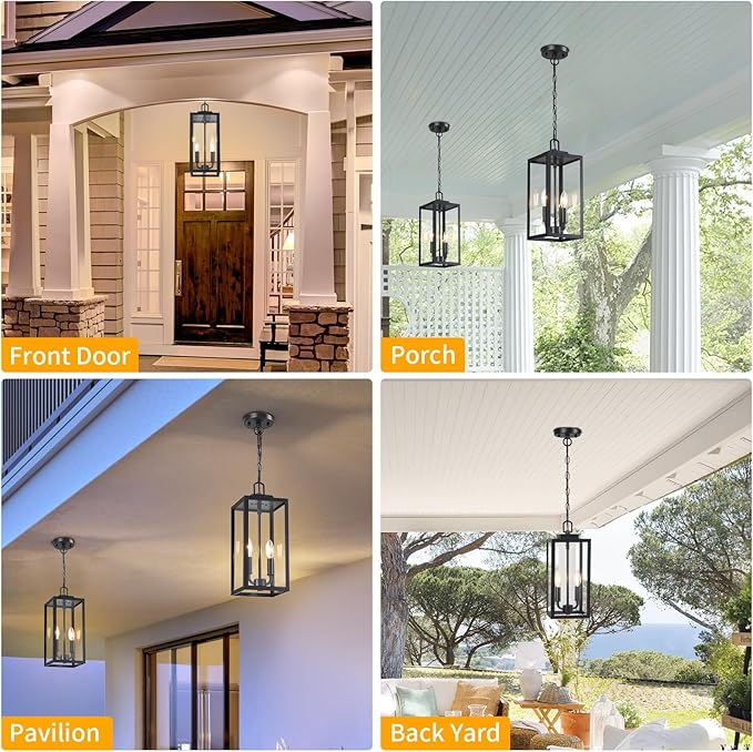 15'' Large Outdoor Pendant Light 2-Light, Modern Black Metal Outside Chandelier Exterior Hanging Fixture Ceiling Mount with Clear Glass for Front Porch Entrance Foyer Entryway, 1 Pack