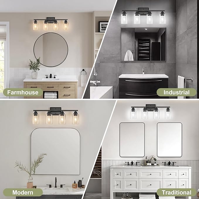 Unicozin Modern Bathroom Light Fixtures, 4 Light Vanity Lights Over Mirror, Black Wall Lamp with Clear Glass for Living Room Cabinet Bedroom Porch