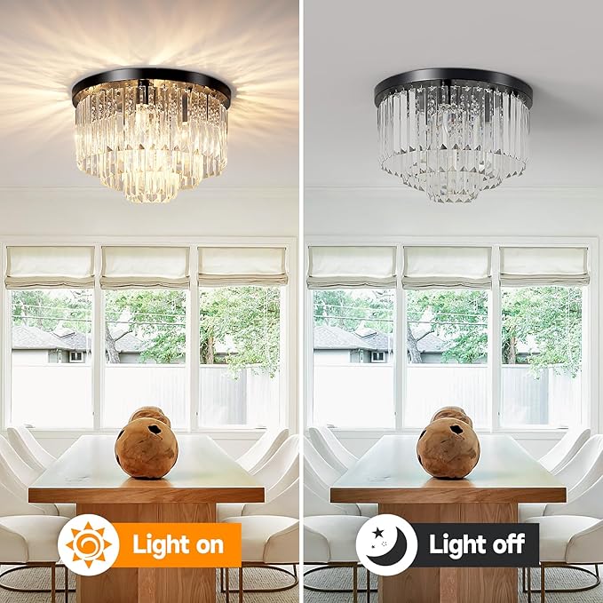 16" Black Crystal Chandelier Ceiling Light, Flush Mount 5-Lights 3-Tier K9 Crystal Round Chandelier Light for Dining Room Kitchen Island Living Room Bedroom