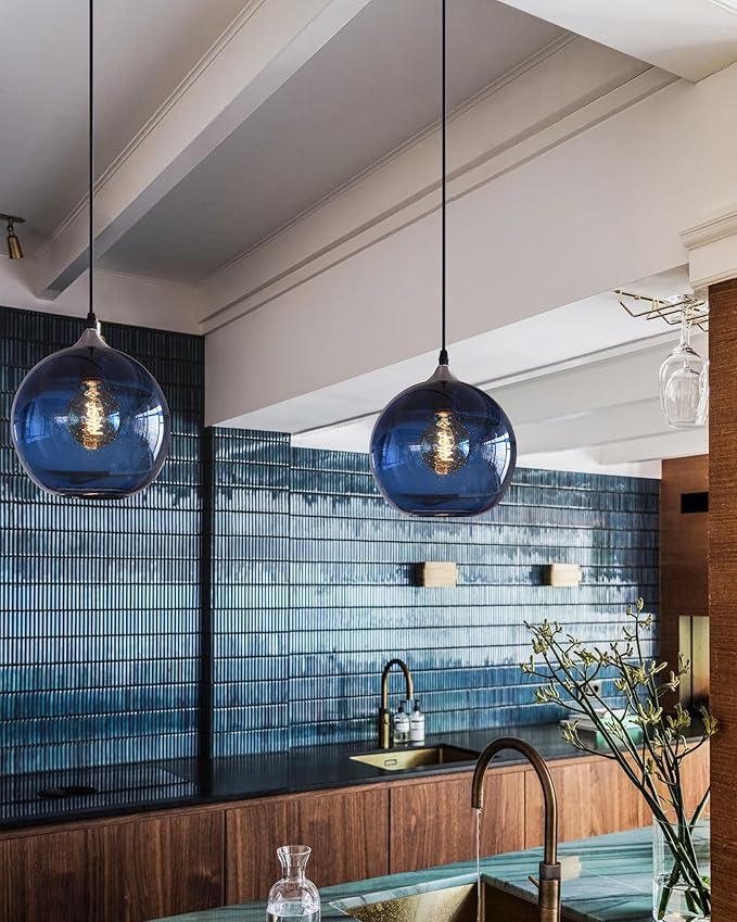 ARIAMOTION Pendant Lighting for Kitchen Island Hand Blown Glass Modern Blue Bubbles Light Over Sink Bar Bedroom Vintage Globe 8.7 InchDiam