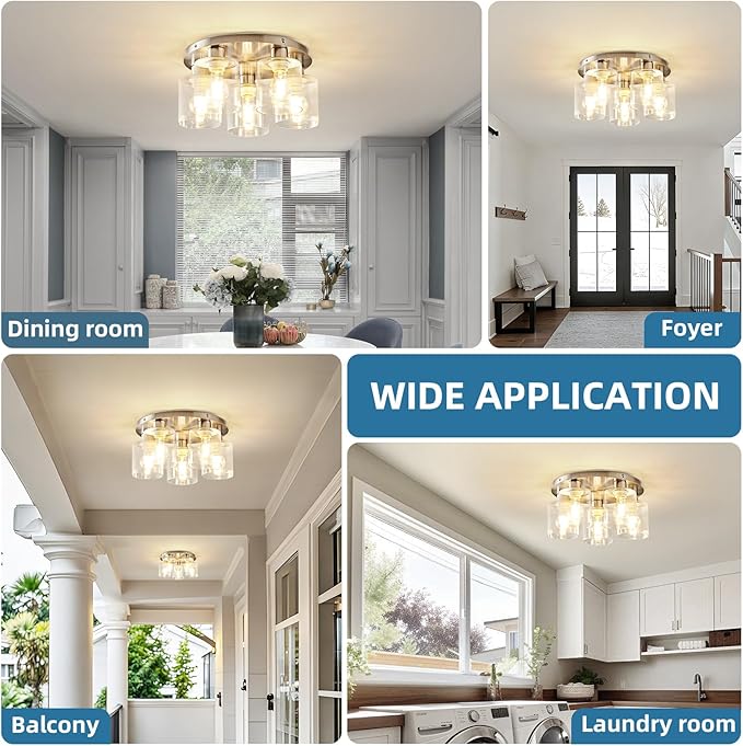 OKELI 5-Lights Semi Flush Mount Ceiling Light Kitchen Lighting Fixtures Ceiling Brushed Nickel Kitchen Cieling Light Fixtures with Clear Glass Shade for Dining Room Entryway Foyer Hallway