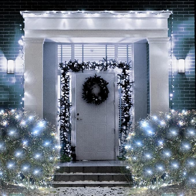 Cool White Net Lights, 360 LED Outdoor Christmas Net Mesh Lights for Bushes 21x5 ft, 8 Modes Waterproof Twinkle String Lights Connectable for Christmas Hedge Yard Garden Party Decor