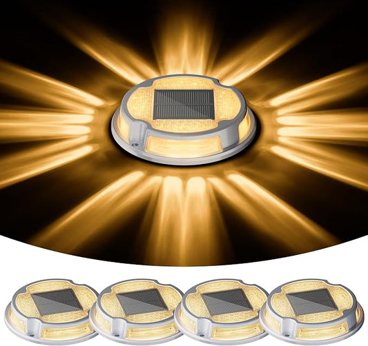 VOLISUN Solar Driveway Deck Lights Dock Marine Lights,4 Pack Solar Ground Light 2 Colors in 1 led Waterproof,Driveway Marker Light for Pathway Warning Step (White/Warm White),Auto On/Off