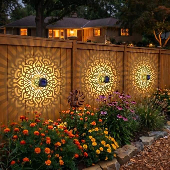 Solar Fence Lights 4 Pack Outdoor Deck Step Wall Lights Metal Waterproof LED Warm Yellow Light for Garden Post Patio Backyard Yard Decor (Mandala-3, 4)
